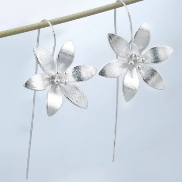 Silver Plated Long Flower Earrings - Image 5