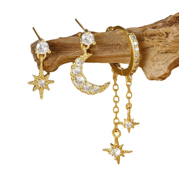 18K Real Gold Electroplated Zircon Moon Studs Three-piece Set - Image 8