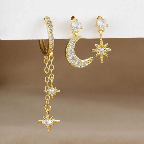 18K Real Gold Electroplated Zircon Moon Studs Three-piece Set - Image 10